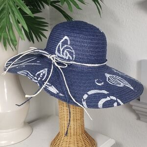 Navy & White w/ Sea Shell Print - Tropical Straw Wide Brim Coastal Beach 7 in
